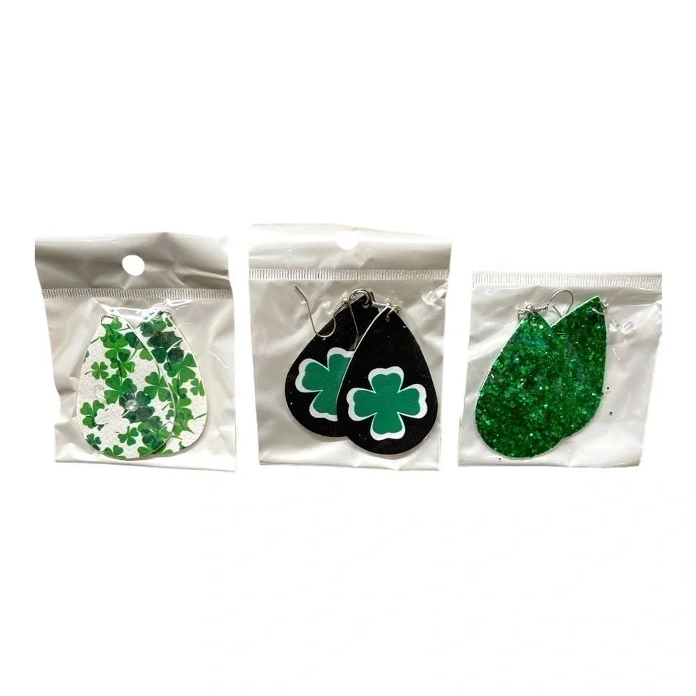 3 Pair St Patricks Day Shamrock Clover Faux Leather Teardrop Dangle Earrings NWT